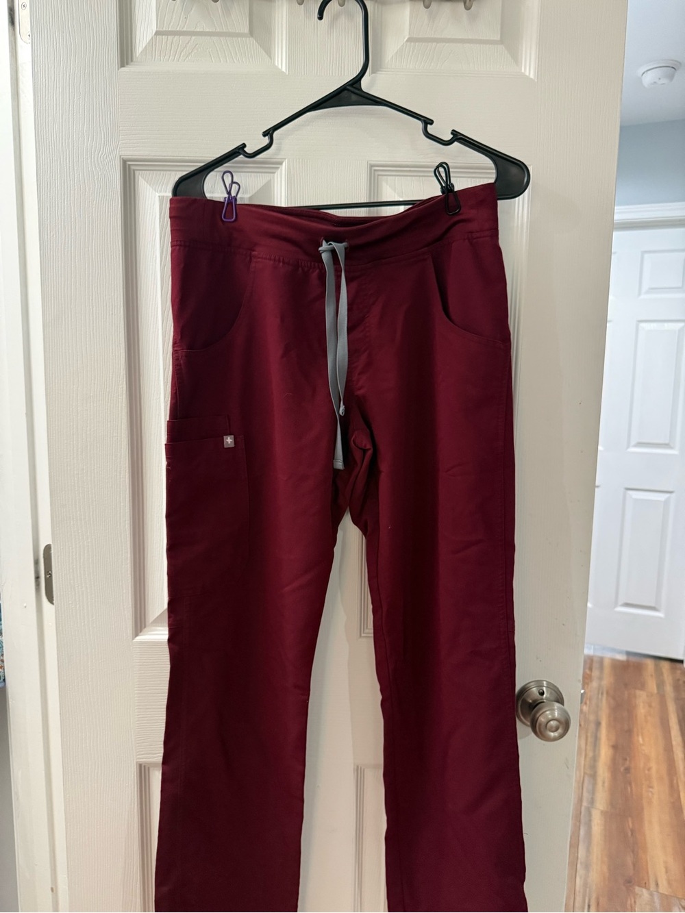 Figs Women's Straight Leg Scrub Pants in Burgundy with Gray Drawstring